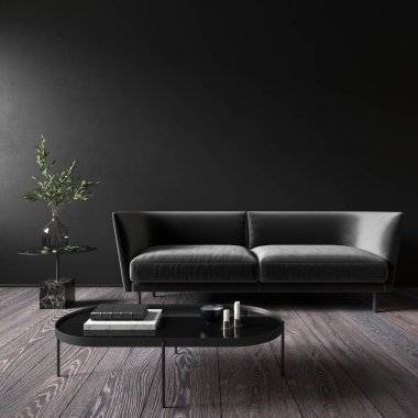 Siyah minimalist iç döşeme ve kahve masası..