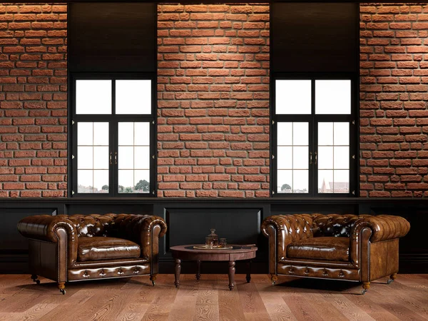 Интерьер с кожаными креслами, кирпичная стена, стеновая панель, журнальный столик. — стоковое фото