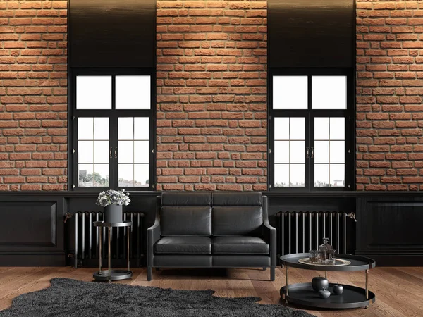 Loft interno con muro in mattoni, divano in pelle, pannello in legno, finestra e moquette. — Foto Stock
