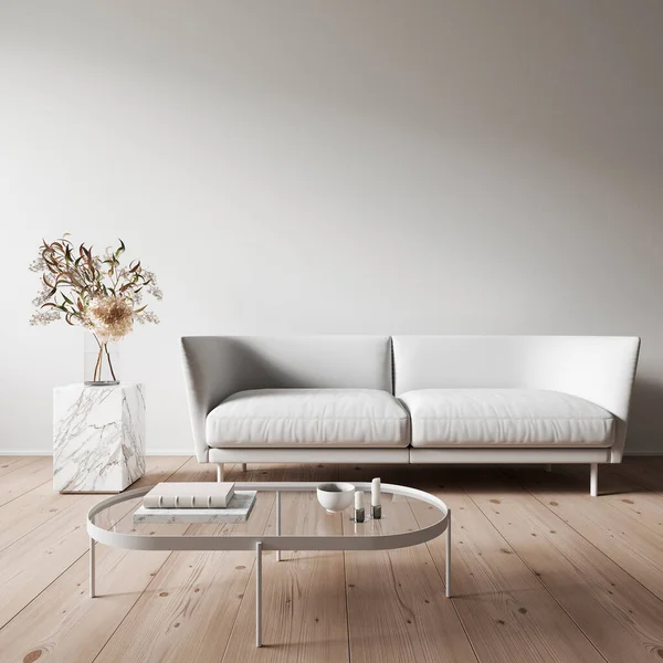 Portakal rengi kanepe ve kahve masası olan modern minimalist beyaz iç mekan..