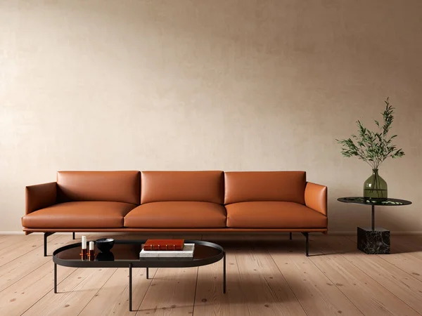 Современный минималистский бежевый интерьер с кожаным оранжевым диваном и журнальным столиком. — стоковое фото
