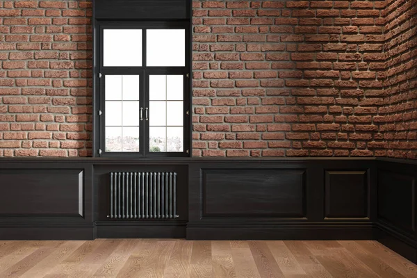 Loft interno con muro in mattoni, pannello a parete, finestra, radiatore e pavimento in legno. — Foto Stock
