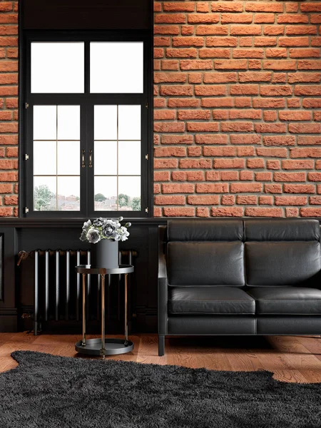 Loft interior with brickwall, leather couch, wood panel, window and carpet.