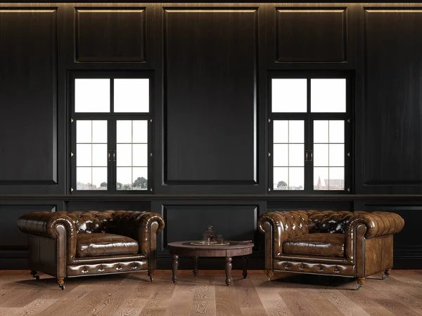 Loft classico nero con pannelli a parete, tavolino, finestre e poltrone Chesterfield. — Foto Stock