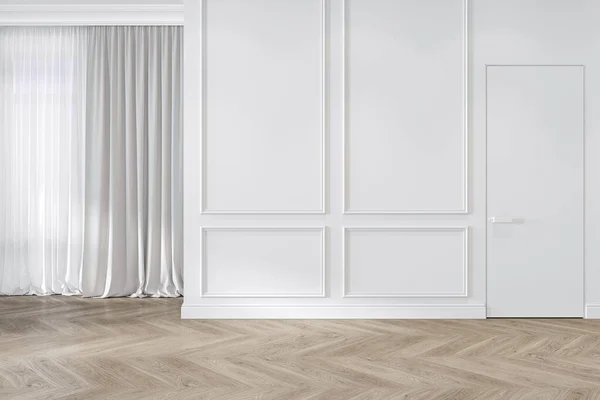 Сучасний класичний білий інтер'єр порожня стіна з молдингами, шторами, прихованими дверима і дерев'яною підлогою . — стокове фото
