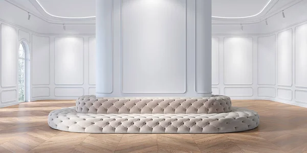 Exhibition hall, museum, showroom classic white interior with capitone upholstery sofa, molding, wall panel, wood floor.