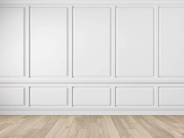 Moderner klassischer weißer Leerraum mit Wandpaneelen, Formteilen und Holzboden. — Stockfoto