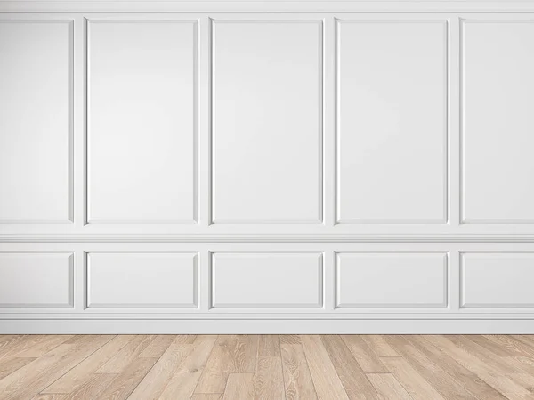 Modern klasik beyaz iç döşeme, duvar panelleri, pervazlar ve ahşap zemin.