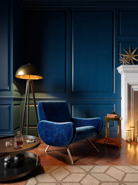 Klasický královsky modrý interiér s křeslem, krbem, svíčka, podlahová lampa, koberec. — Stock fotografie