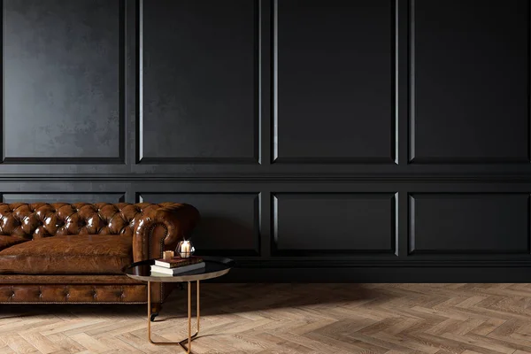 Μοντέρνο κλασικό μαύρο εσωτερικό με capitone chester δερμάτινο καφέ καναπέ, τραπεζάκι σαλονιού, ξύλινο πάτωμα, καλούπια. — Φωτογραφία Αρχείου