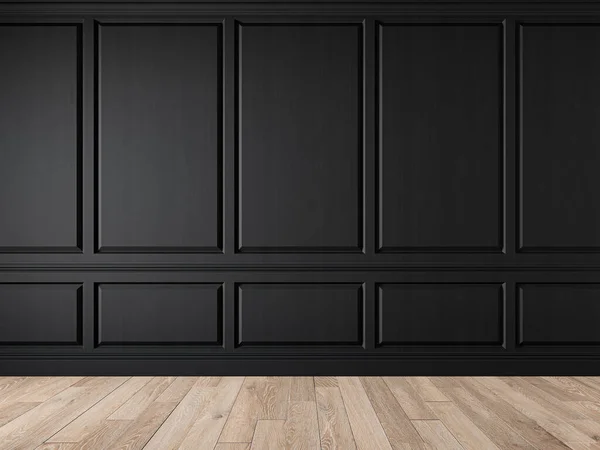 Modern klasik siyah boş duvar, içi boş duvar, duvar panelleri, pervazlar ve ahşap zemin..