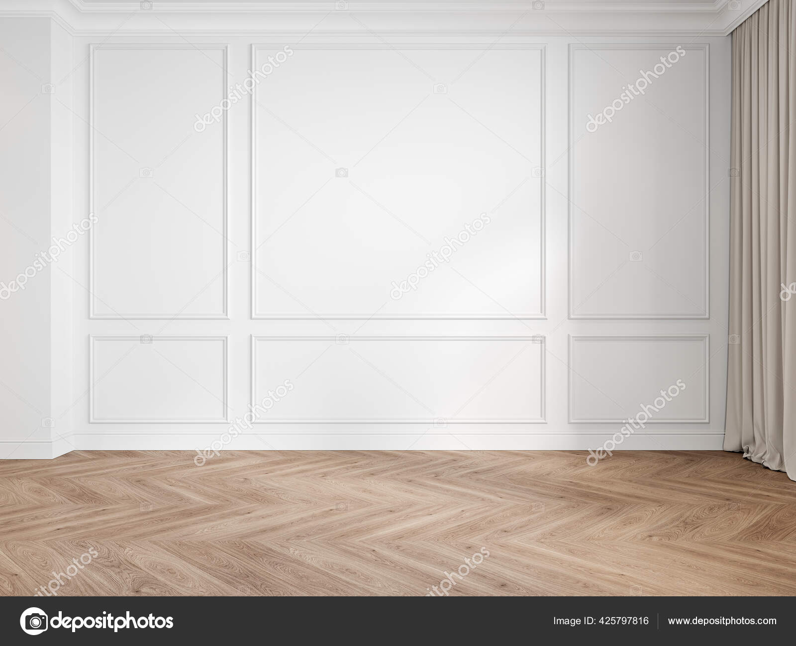 Modern classic white interior blank wall with moldings, panelling, wood ...