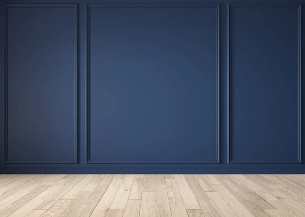 Classic blue color interior blank wall with moldings, wood floor. — Stock Photo, Image