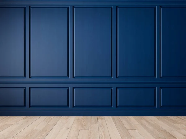 Panelleri, pervazları ve ahşap zemini olan klasik mavi iç duvar..