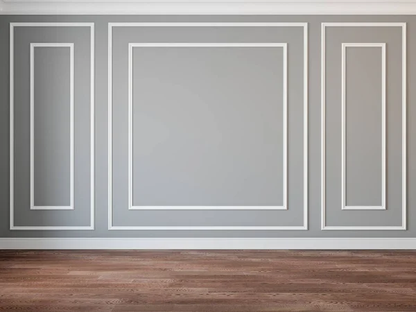 Modern classic gray interior blank wall with moldings and wood floor. — Stock Photo, Image