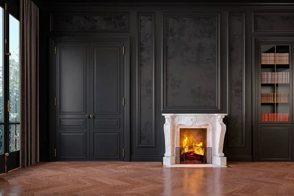 Classic black interior with fireplace, moldings, wall pannel, books. — Stock Photo, Image