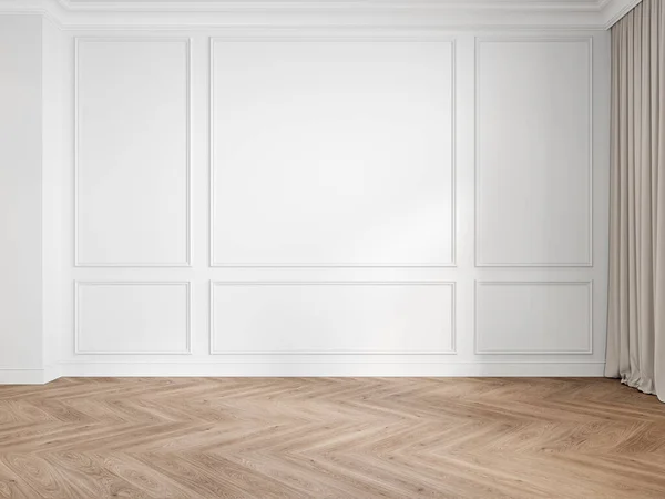 Nowoczesne klasyczne białe wnętrze puste ściany z listwami, panele, podłoga z drewna, zasłony. — Zdjęcie stockowe