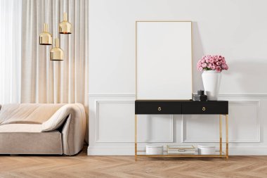 Şifonyer, konsol, kanepe, mobilya, lamba, çiçek, hediye, çerçeve, resim.