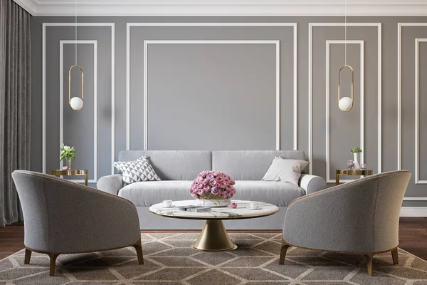 Classic gray interior with armchairs, sofa, coffee table, lamps, flowers and wall moldings.