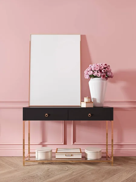 Modern classic pink interior with dresser, console, furniture, decor, flowers, gifts.
