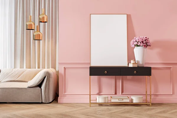 Modern classic pink interior with dresser, console, sofa, furniture, lamp, flower, gifts, frame, picture.