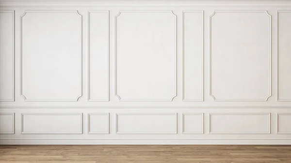 Nowoczesne klasyczne białe puste wnętrze z panelami ściennymi i drewnianą podłogą. — Zdjęcie stockowe