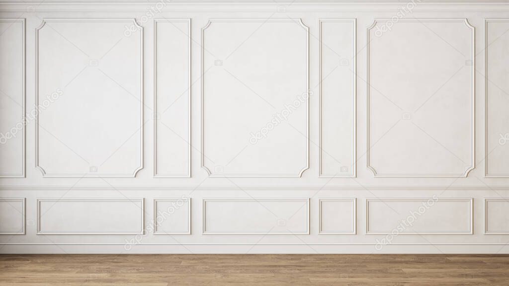 Modern classic white empty interior with wall panels molding and wooden floor.