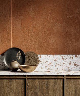 Terrazzo tezgah ve dekorlu turuncu mutfak. 3d canlandırma çizimi maketi.