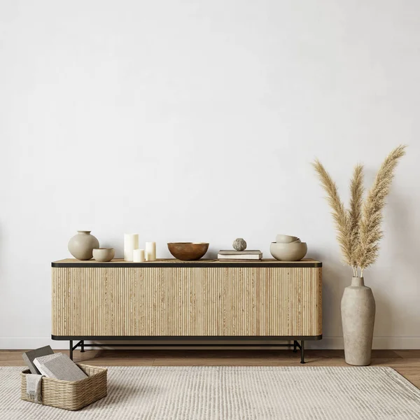 Beyaz iç dekorlu ve şifoniyerli. 3d resimleme arkaplan modeli.