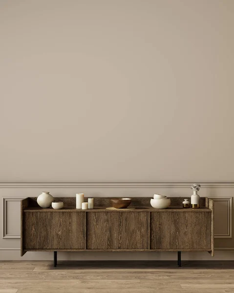 Modern klasik bej iç döşeme ve dekor. 3d canlandırma çizimi maketi.