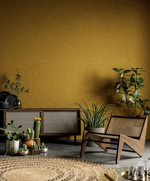 İçinde bitkiler, şifonyer, koltuk ve dekor olan sarı bir iç mekan. 3d canlandırma çizimi maketi.