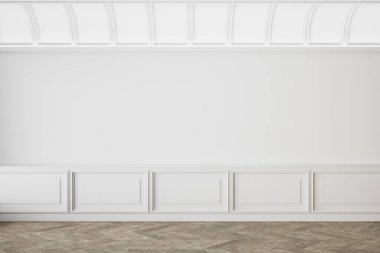 Beyaz klasik iç döşeme, boş duvar, panel ve pervazlar. 3d canlandırma çizimi maketi.