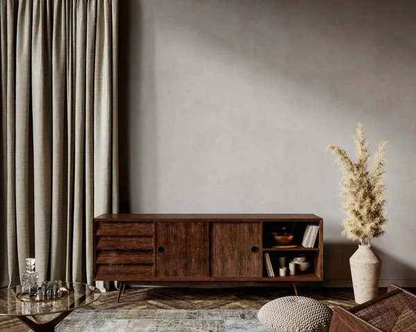 Gri iç dekorlu ve şifoniyerli. 3d resimleme modellemesi.