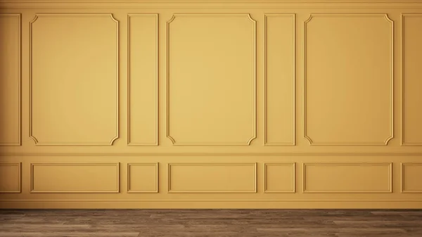 Modern klasik sarı renkli, içi boş duvar panelleri ve ahşap zemin. 3d canlandırma çizimi maketi.