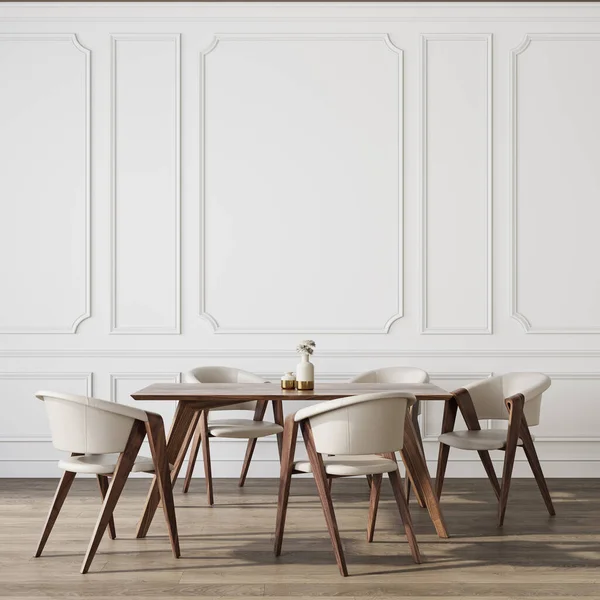 Yemek masası ve sandalyeleri olan klasik beyaz iç mekan. 3d resimleme arkaplan modeli.