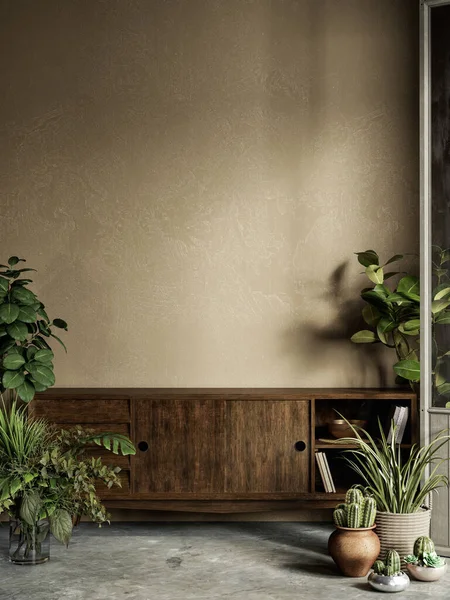 Бежевый интерьер с растениями, комодом, штукатуркой и декором. — стоковое фото