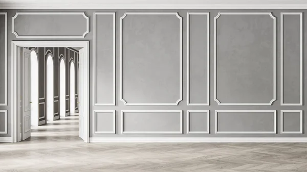 Klasik gri beyaz iç döşeme, duvar panelleri, açık kapı ve ahşap zemin..