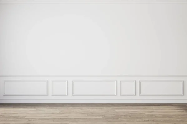Modern classic white empty interior with wall panels molding and wooden floor.