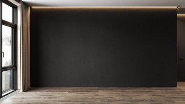 Modern siyah, minimalist, içi boş duvar. 3d canlandırma çizimi maketi.