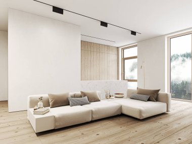 Mutfak, kanepe, ahşap zemin, duvar panelleri ve mermer mutfak adasıyla modern, beyaz minimalist iç mekan. 3d canlandırma çizimi maketi.