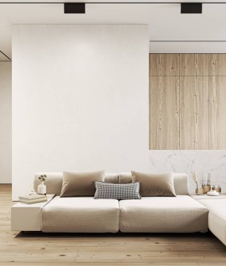 Modern, beyaz, minimalist iç mimari mutfak, ahşap zemin, duvar panelleri ve bar. 3d canlandırma çizimi maketi.