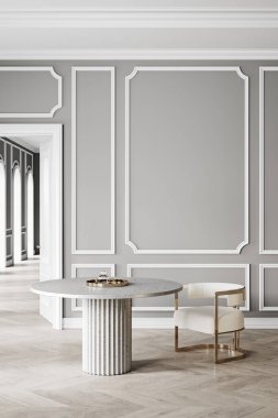 Yuvarlak masa, sandalye, duvar paneli ve pervazlı gri klasik iç mekan. 3d resimleme modellemesi