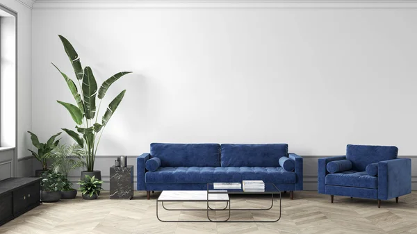 Mid-century modern white interior with blue sofa and armchair, coffee table and decor. 3d render illustration mock up.