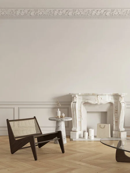 Interni classici beige-bianchi con camino, poltrona e arredamento. 3d rendering illustrazione modello up. — Foto Stock