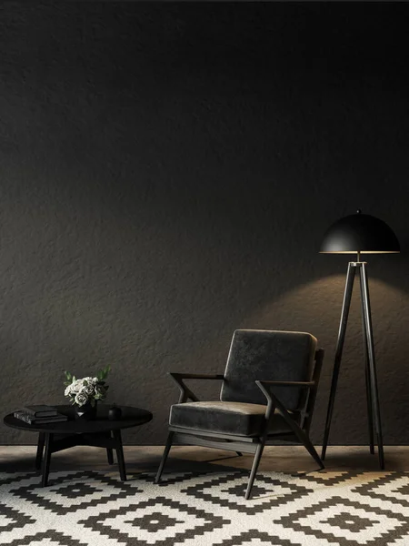 Czarne wnętrze pokoju z fotelem, lampą podłogową i wystrojem. 3d renderowanie ilustracja makieta. — Zdjęcie stockowe