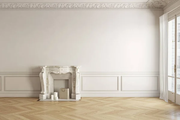 暖炉と成形品と古典的な白ベージュの空白の壁の空のインテリア。3Dレンダリングイラストモックアップ. — ストック写真