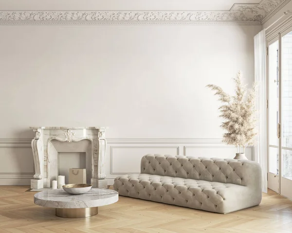 Klasik beyaz-bej iç döşeme, şömine, kanepe, sehpa ve dekor. 3d resimleme modellemesi. — Stok fotoğraf