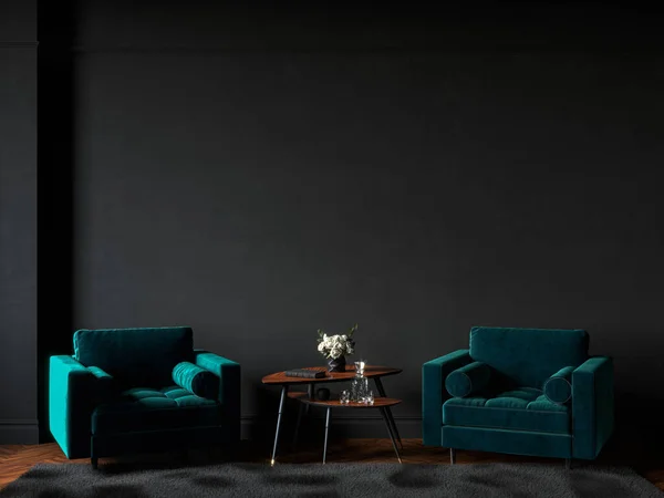 Yeşil kadife koltukları, kürk halısı ve dekorasyonu olan siyah bir iç mekan. 3d resimleme modellemesi.