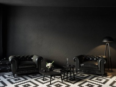 Siyah iç döşeme, deri koltuklar, sehpa, yer lambası ve dekor. 3d resimleme modellemesi.