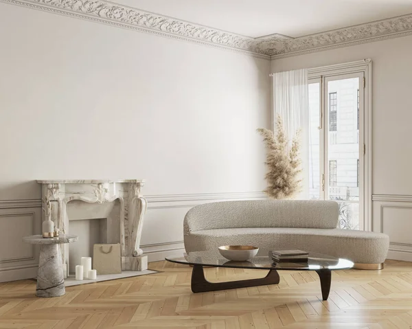 Interior clásico beige-blanco con chimenea, sofá, mesa de centro y decoración. 3d renderizado ilustración maqueta hasta. —  Fotos de Stock